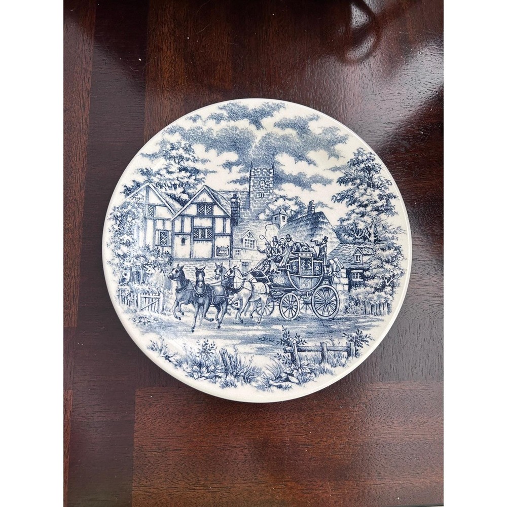 Oxford Brazil Blue Transferware Dinner Plate English Village Stagecoach Scene
